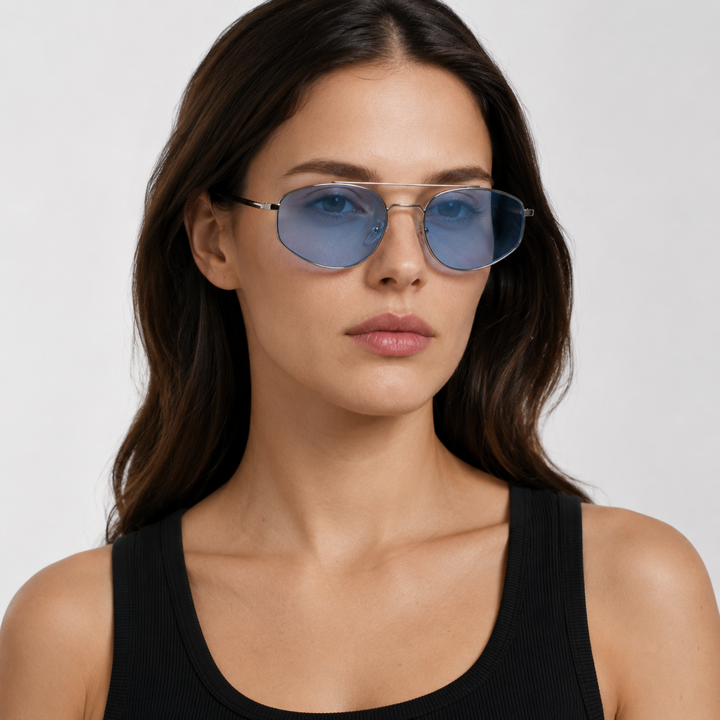 TOUBKAL sunglasses by SHAMS BRAND — silver metal frame with blue UV400 lenses