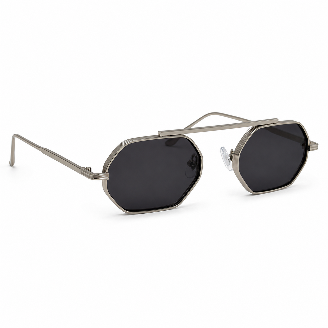 ASILAH sunglasses by SHAMS BRAND — silver metal frame with black UV400 lenses