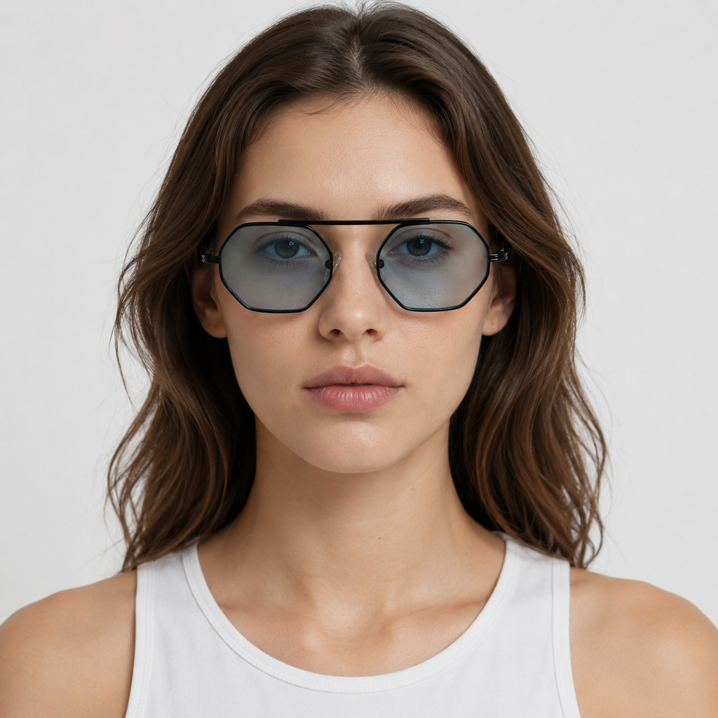 ASILAH sunglasses in black with gradient blue lenses — additional product view