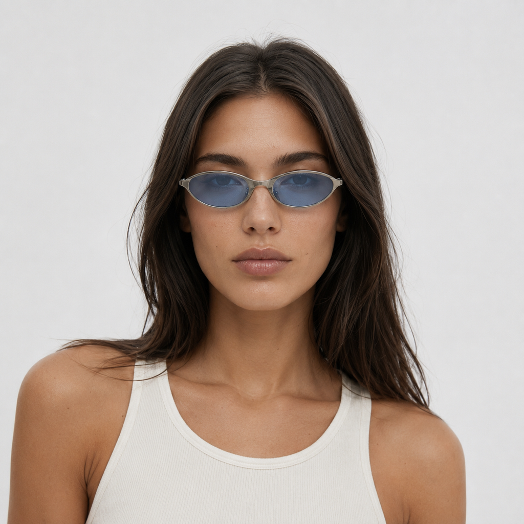 OASIS sunglasses by SHAMS BRAND — silver metal frame with blue UV400 lenses