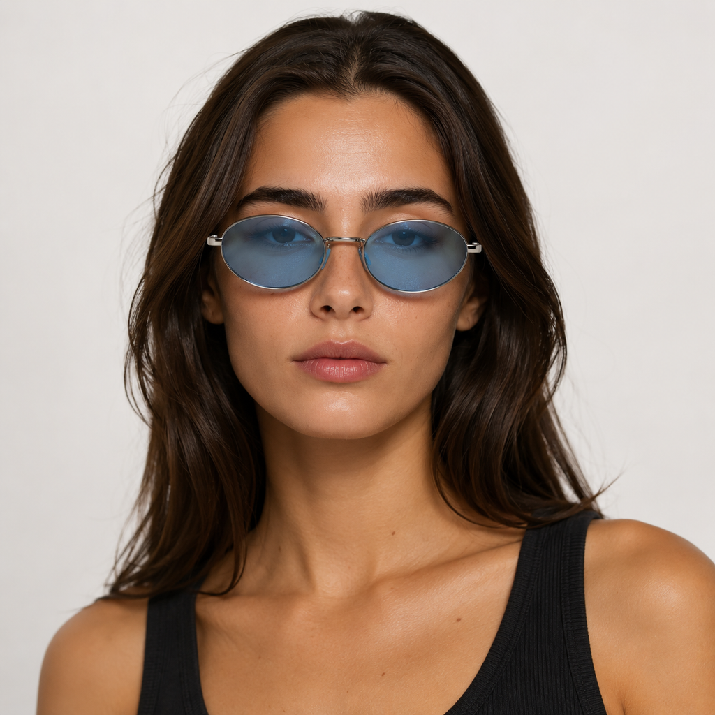 NOOR sunglasses by SHAMS BRAND — silver metal frame with blue UV400 lenses