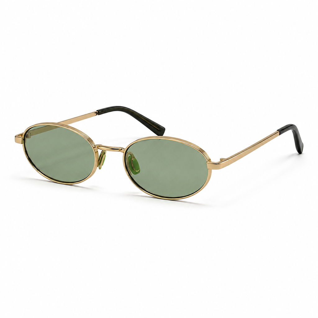 NOOR sunglasses by SHAMS BRAND — gold metal frame with green UV400 lenses