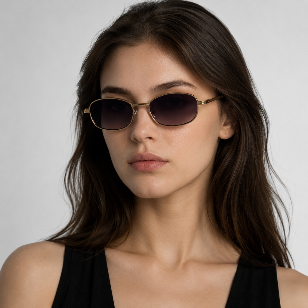 NACRE sunglasses by SHAMS BRAND — gold metal frame with grey red UV400 lenses