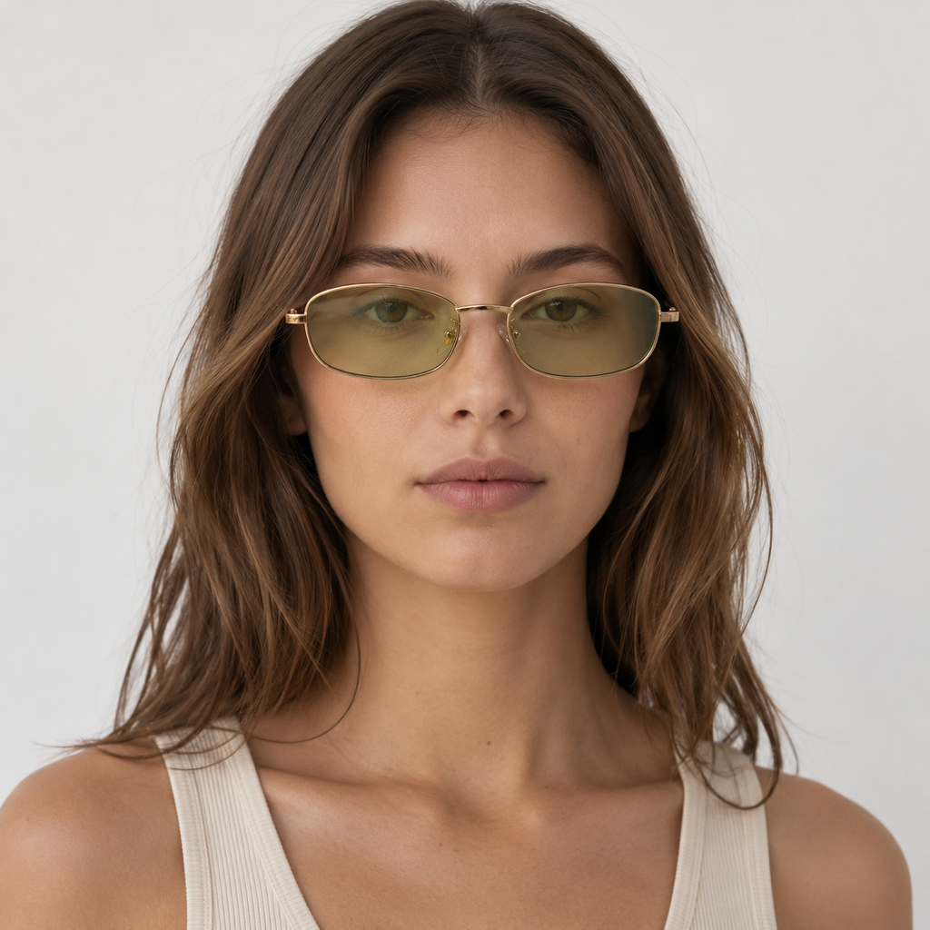 NACRE sunglasses by SHAMS BRAND — gold metal frame with light green UV400 lenses