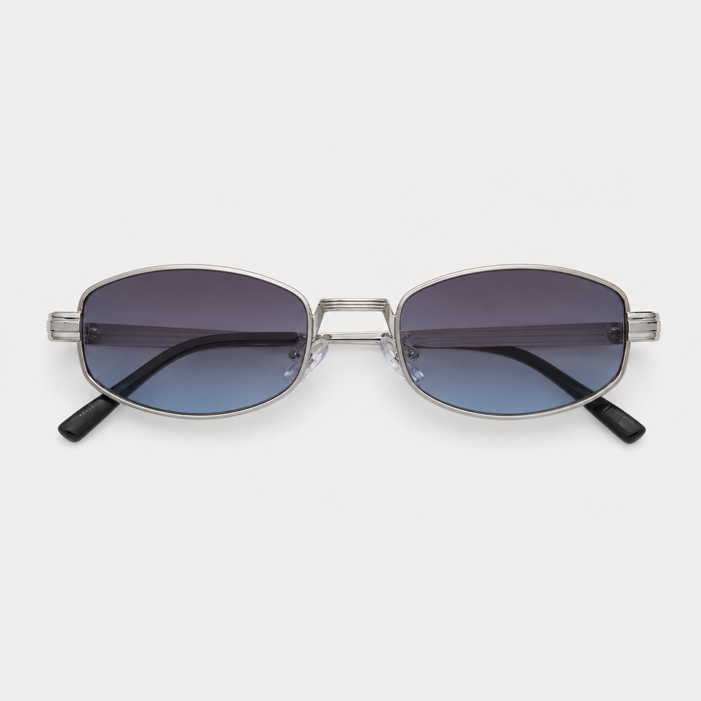 AZURE sunglasses by SHAMS BRAND — silver metal frame with gradient blue UV400 lenses