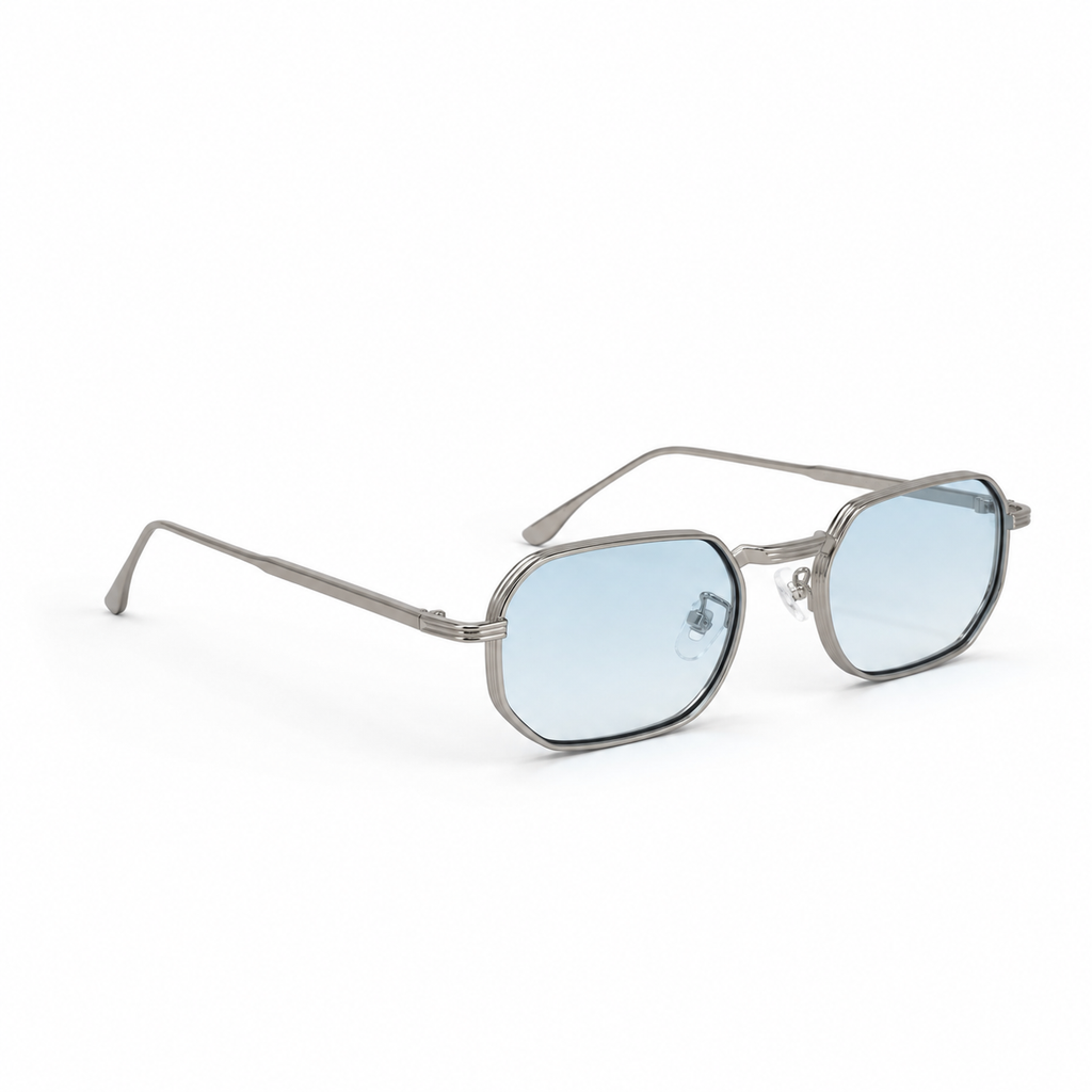 DAWN sunglasses by SHAMS BRAND — silver metal frame with gradient blue UV400 lenses