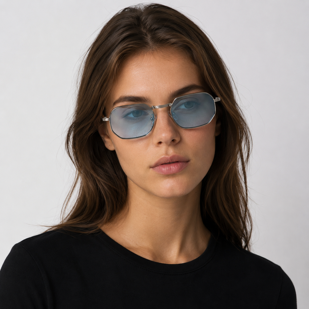 DAWN sunglasses in silver with gradient blue lenses — additional product view
