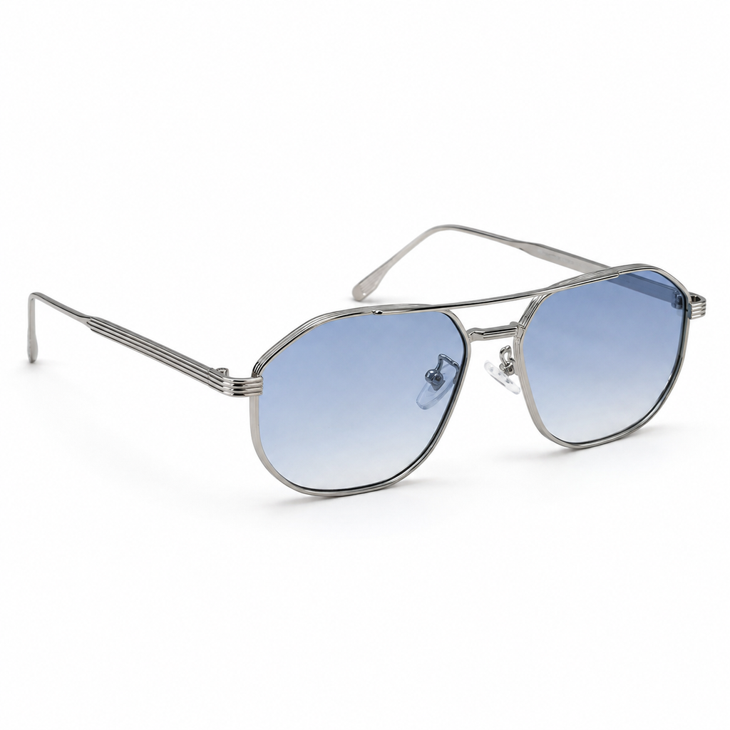 SUNDOWN sunglasses by SHAMS BRAND — silver metal frame with gradient blue UV400 lenses