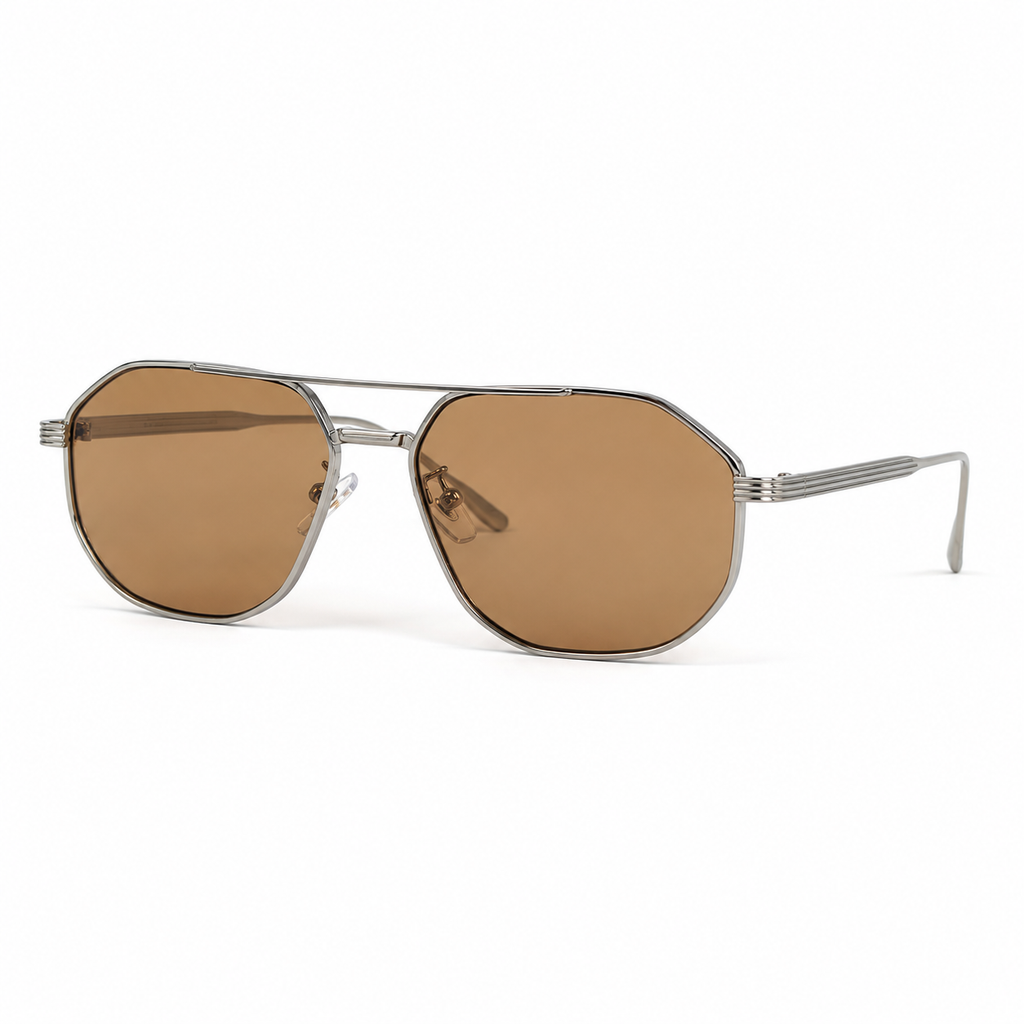 SUNDOWN sunglasses by SHAMS BRAND — silver metal frame with light tea UV400 lenses